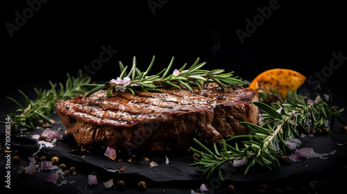 Grilled medium rib eye steak with rosemary and pepper.Macro.AI Generative