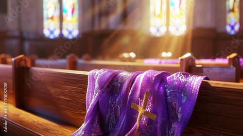 Church Pew with Purple Lent Scarf. Empty church pew with a purple scarf, ash cross on the fabric, reflective and serene mood photo