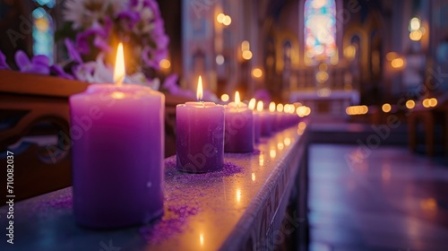 Purple candles on an Ash Wednesday altar, no people, tranquil and holy ambiance, soft glow from the candles illuminating the church's ancient architecture photo