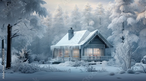 . A cozy cabin covered in a pristine layer of snow, nestled within a snowy forest, captures the serene magic of a winter's evening. © ProPhotos