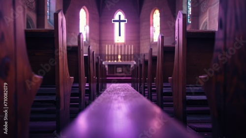 Print op canvas purple light Wooden Cross on Empty Pew for Ash Wednesday