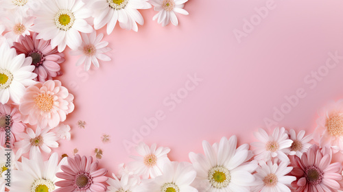 Several white and pink flowers - daisies  chrysanthemums on a pink background.Generative AI