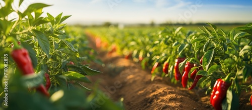Selective focus shows agricultural land with rows of growing peppers. photo