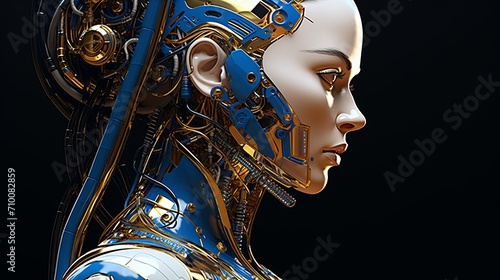Realistic robot portrait with copper and blue accents on a beautiful blonde background.
