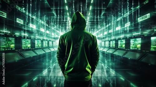 Hooded hacker in vulnerable server room with log4j, coding, malware, and metaverse tech.