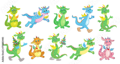 Collection of funny colorful cute dragons in different poses. Symbols of Chinese New Year. In cartoon style. Isolated on white background. Vector illustration.