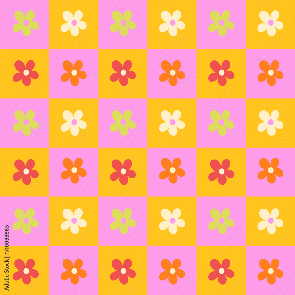 Checkered floral background seamless pattern with flowers 70s colorful wallpaper backdrop Checkered floral background seamless pattern with flowers 70s colorful wallpaper backdrop