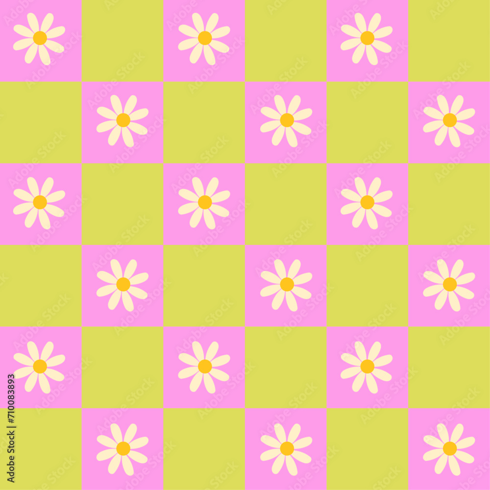 Checkered floral background seamless pattern with flowers 70s colorful wallpaper backdrop