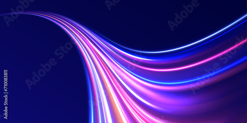 Neon line as speed or arc, turn, twist, bend in light effect. Light arc in neon colors, in the form of a turn and a zigzag. Abstract background in blue, yellow and orange neon colors.	