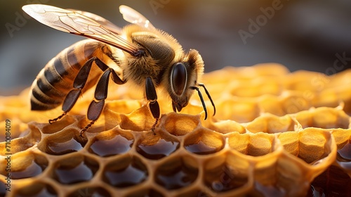 Serene moment. bee on honeycomb with golden honey, sony alpha 9 ii and fe 90mm f2.8 macro g oss lens photo