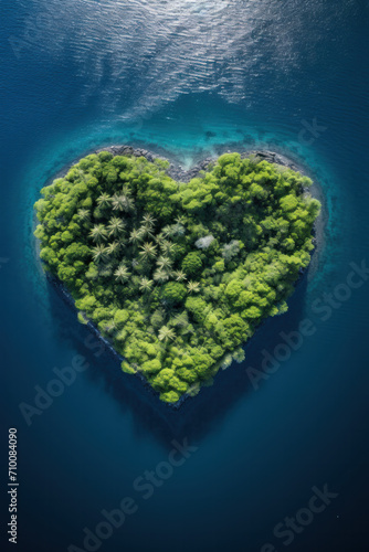 Heart shaped island of love. Palm trees and blue ocean.