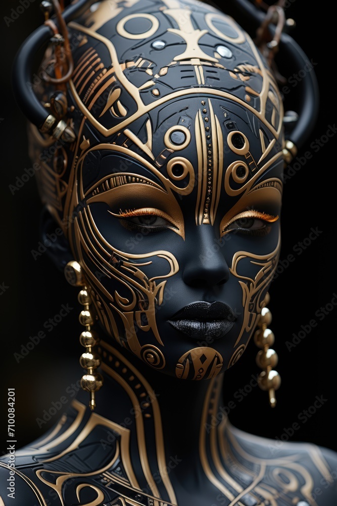 a close up gorgeous black female wearing robotic body art