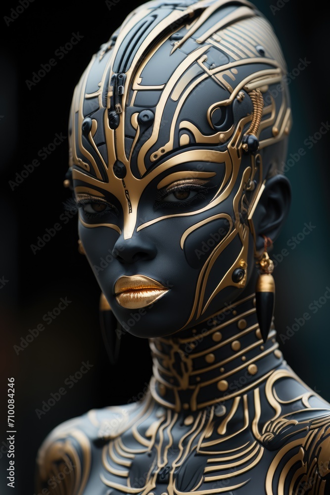 a close up gorgeous black female wearing robotic body art
