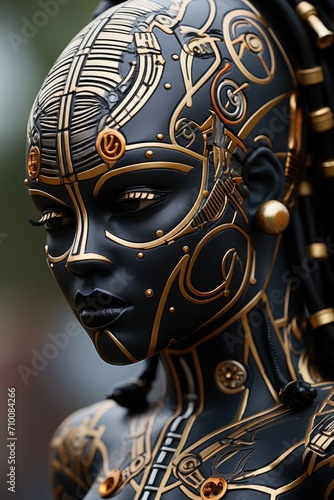 a close up gorgeous black female wearing robotic body art