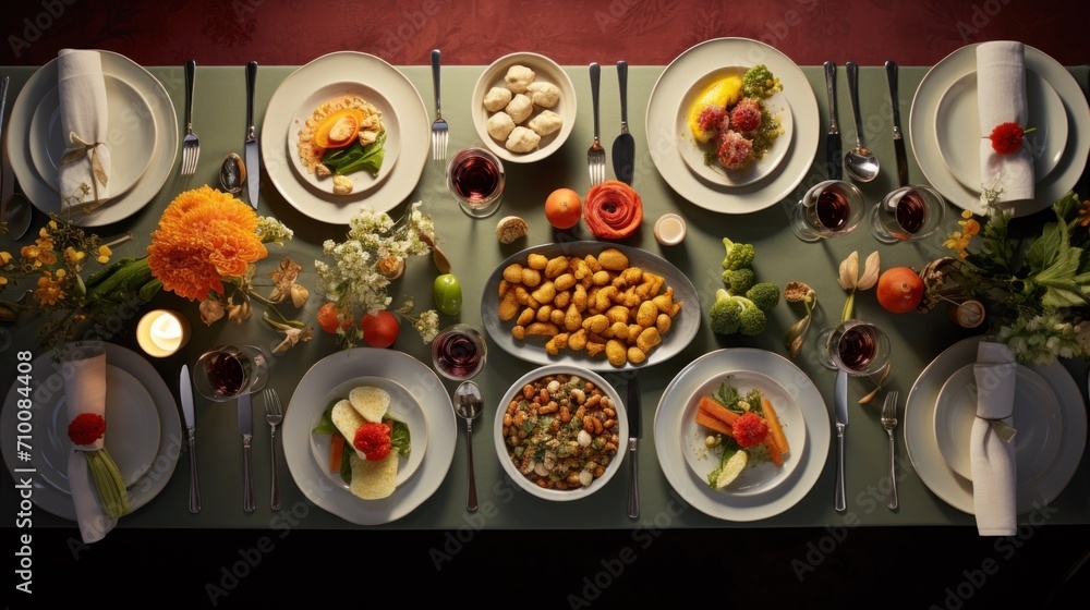 A long table with plates of food and glasses of wine