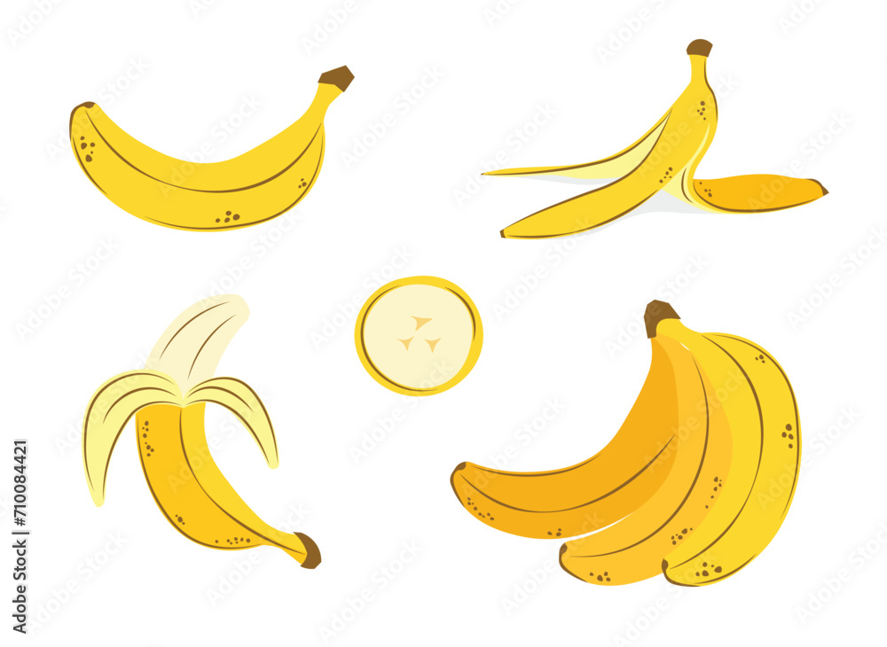 Cartoon banana drawing set. Bunch of bananas and banana peel. Vector hand drawn illustration in a trendy style. Line, contour.