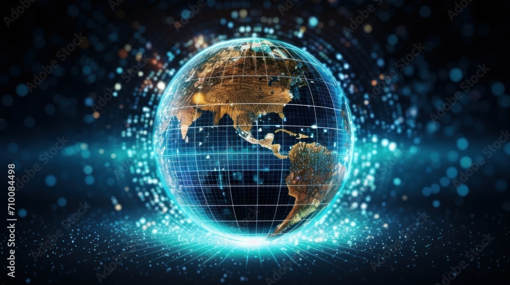 Obraz premium Artificial Intelligence and Global E-Learning. Neon globe surrounded by digital data streams and AI algorithms, highlighting the role of AI in global education and e-learning