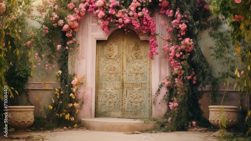 A door is covered with pink flowers and vines