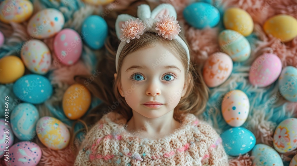 A little girl laying in a pile of easter eggs A little girl laying in a pile of easter eggs
