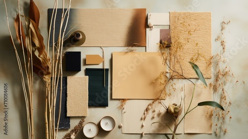 Sustainable Natural Materials and Textures Collage. variety of sustainable materials in neutral tones, including wood, dried plants, and textiles.