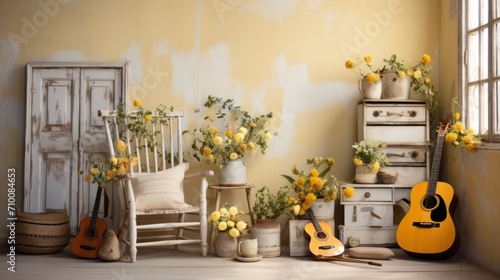 A room with a guitar, a chair, and a vase of flowers