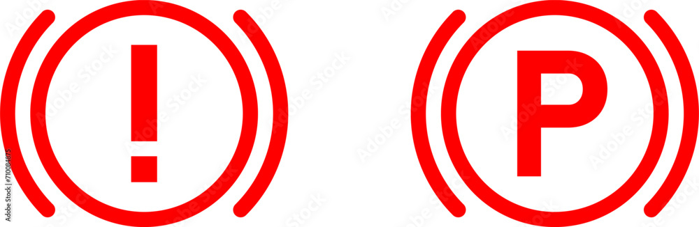 Red Break and Handbreak Warning Light Symbol Icon Set with Exclamation Mark and the Letter P. Vector Image. Red Break and Handbreak Warning Light Symbol Icon Set with Exclamation Mark and the Letter P. Vector Image.