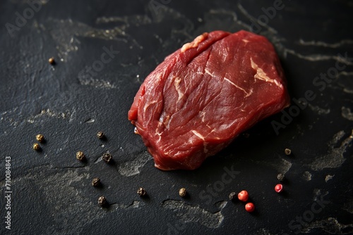 Raw beef steak with spices on a black concrete background with space for text