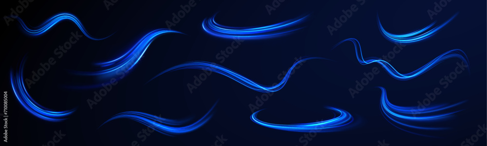 Obraz premium Blue glowing shiny lines effect vector background. Luminous white lines of speed. Light glowing effect. Light trail wave, fire path trace line and incandescence curve twirl.