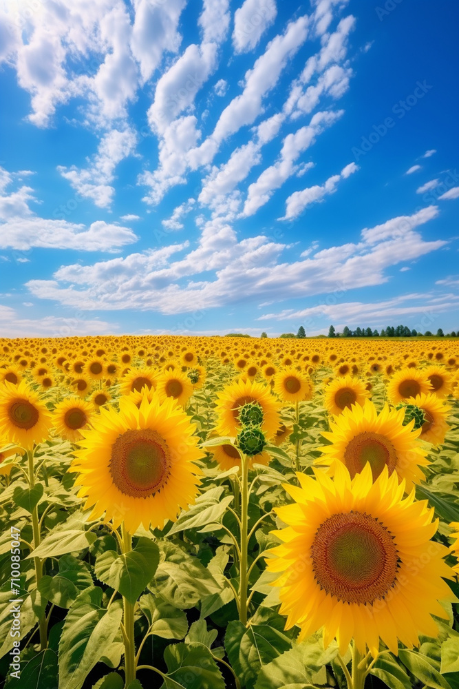 Fototapeta premium A beautiful field of blooming sunflowers against the background of sunny weather.Generative AI