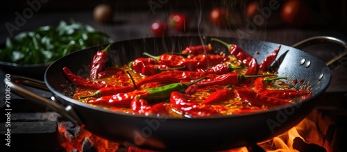 Cooking red peppers in a wok with oil, using organic ingredients.