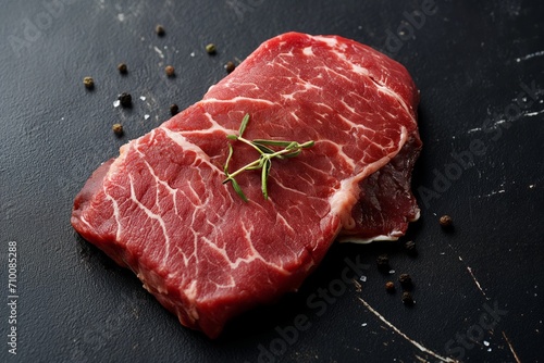 Raw beef steak with spices and rosemary on a black concrete background, studio light, close up