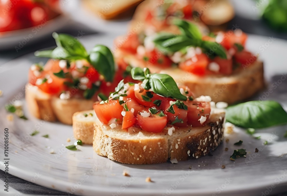 AI generated illustration of a plate of bruschetta bread adorned with vibrant red tomatoes