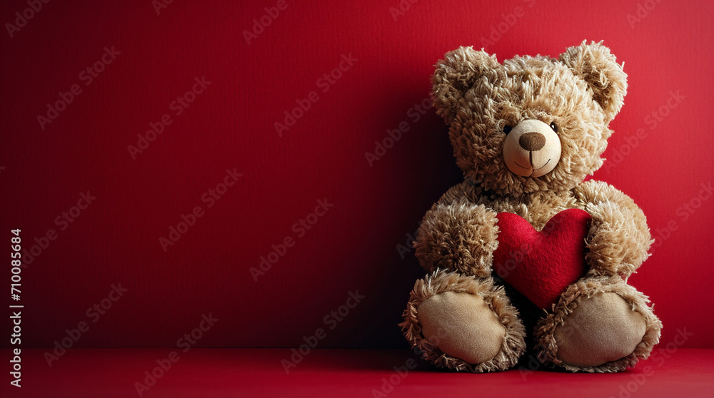 Fototapeta premium Fluffy Teddy Bear Holding a Red Heart Against Vibrant Background - Valentine's day - love - background 