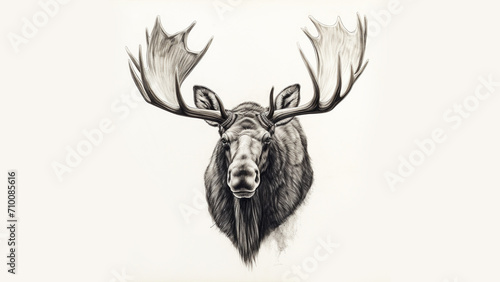 pen and ink sketch, moose with antlers, white background photo