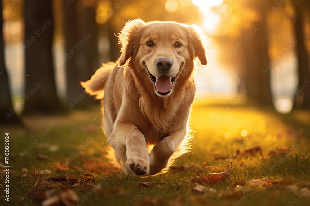 Retriever dog running in autumn park