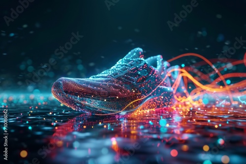 Holographic projection of sports sneakers with neon lighting on navy blue background. Flickering flux of particle energy. Scientific design and engineering of sports shoes.