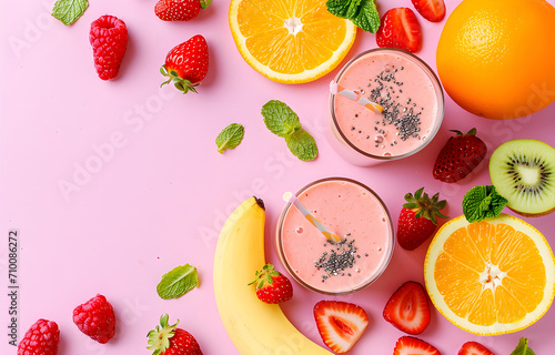 bottles with smoothie and slices of fruit lie chaotically on color pastel background, space for text, top view, flat lay