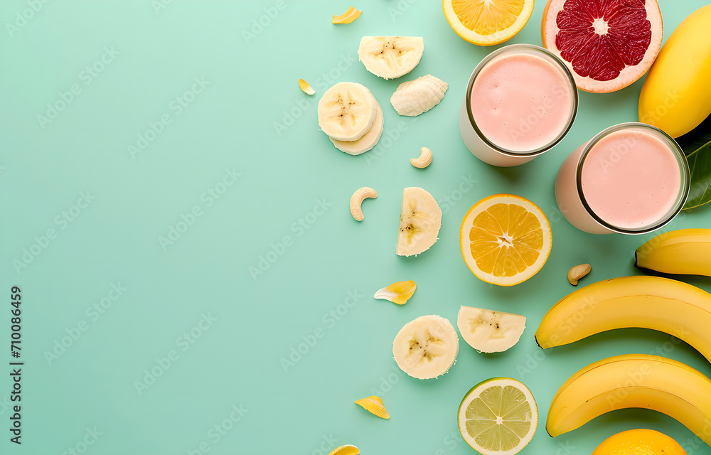 bottles with smoothie and slices of fruit lie chaotically on color pastel background, space for text, top view, flat lay bottles with smoothie and slices of fruit lie chaotically on color pastel background, space for text, top view, flat lay