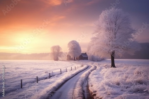 Scenic winter road with sunlight filtering through mist in a frozen countryside. Generative AI