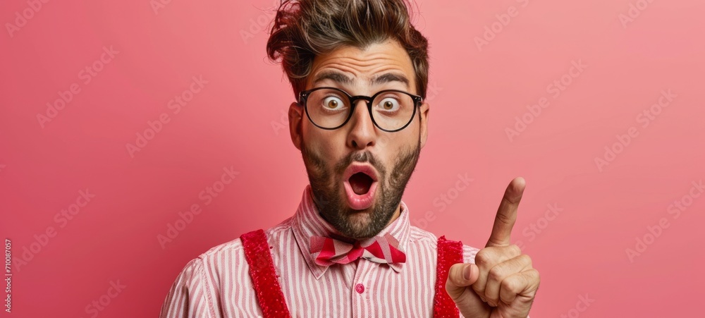 Obraz premium Caucasian man with beard and mustache wearing striped shirt, red bow tie and suspenders over pink background. Hipster with glasses looks amazed and surprised and points up with his forefinger.