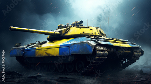 Tank with the flag of Ukraine. tank in the colors of Ukraine.Generative AI © Артур Комис