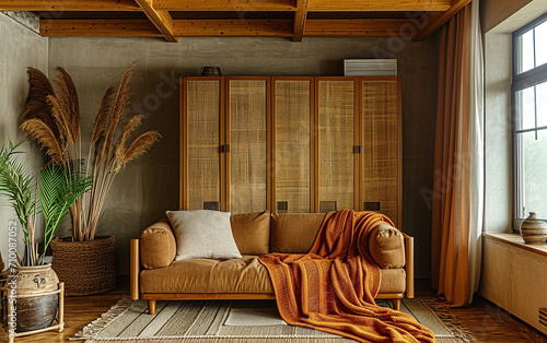 Arm  rio de bambu pr  ximo ao sof   com manta marrom. Design de interiores moderno da sala de estar da fazenda com parede forrada e teto com vigas  objetos orientais 