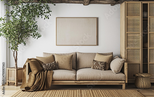 Armário de bambu próximo ao sofá com manta marrom. Design de interiores moderno da sala de estar da fazenda com parede forrada e teto com vigas, objetos orientais,