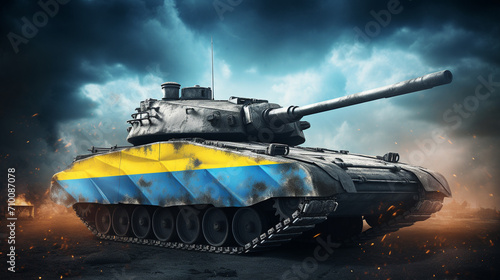 Tank with the flag of Ukraine. tank in the colors of Ukraine.Generative AI