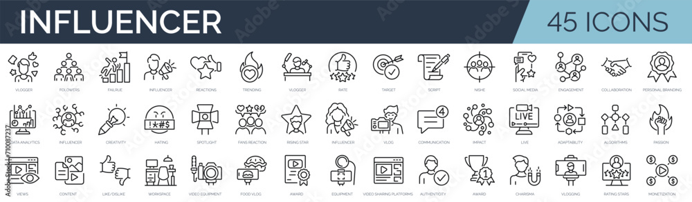 Set of 45 outline icons related to influencer. Linear icon collection. Editable stroke. Vector illustration Set of 45 outline icons related to influencer. Linear icon collection. Editable stroke. Vector illustration