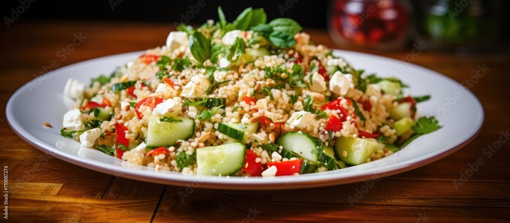 Feta and quinoa salad with red peppers and cucumber. Feta and quinoa salad with red peppers and cucumber.