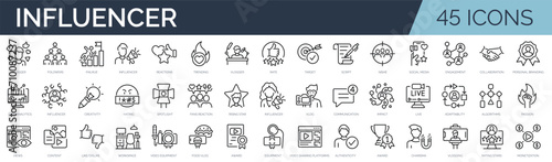 Set of 45 outline icons related to influencer. Linear icon collection. Editable stroke. Vector illustration