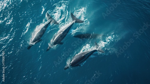Aerial Tilt Down Shot Of Whales Splashing Water While Swimming In Ocean - Oahu, Hawaii    
