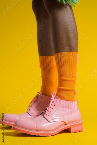 Legs in colorful socks and pink sneakers on a yellow background. Extremely modern.