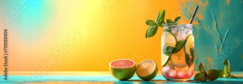 Lemon water. Lemonade juice or cocktail drink. Summer vacation. Concept of tropical summer background for summer design. Delicious cold exotic drink. Flat lay with space for text.